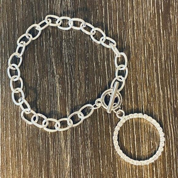 Silver Toggle Bracelet with Rhinestone Circle Charm - Picture 1 of 1